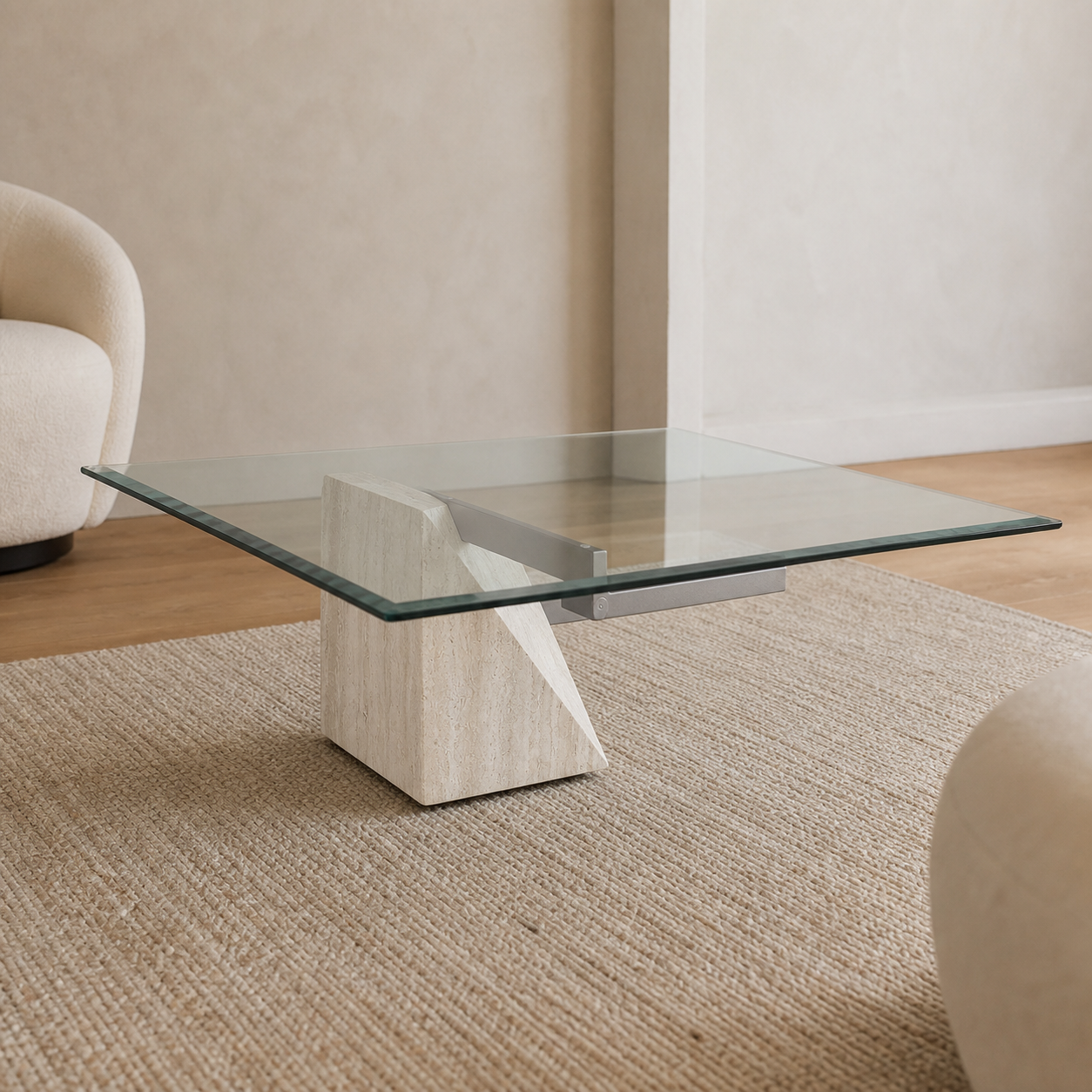 Postmodern Square Glass Coffee Table – Travertine Base, Silver Cross Bars, 1980s Sculptural Minimalist
