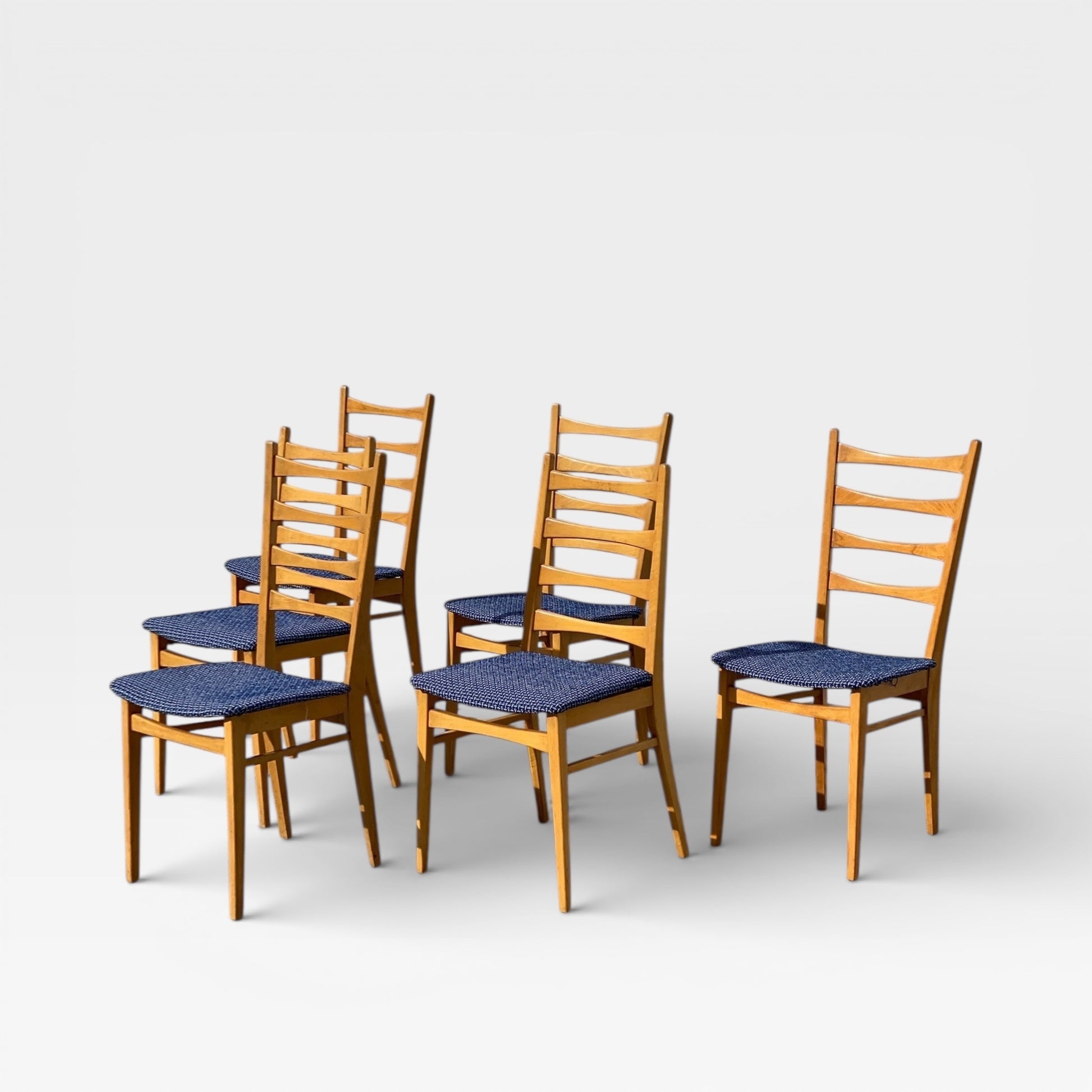 Set of Six Mid-Century Modern Ladderback Dining Chairs with New Upholstery — view 5 of 25