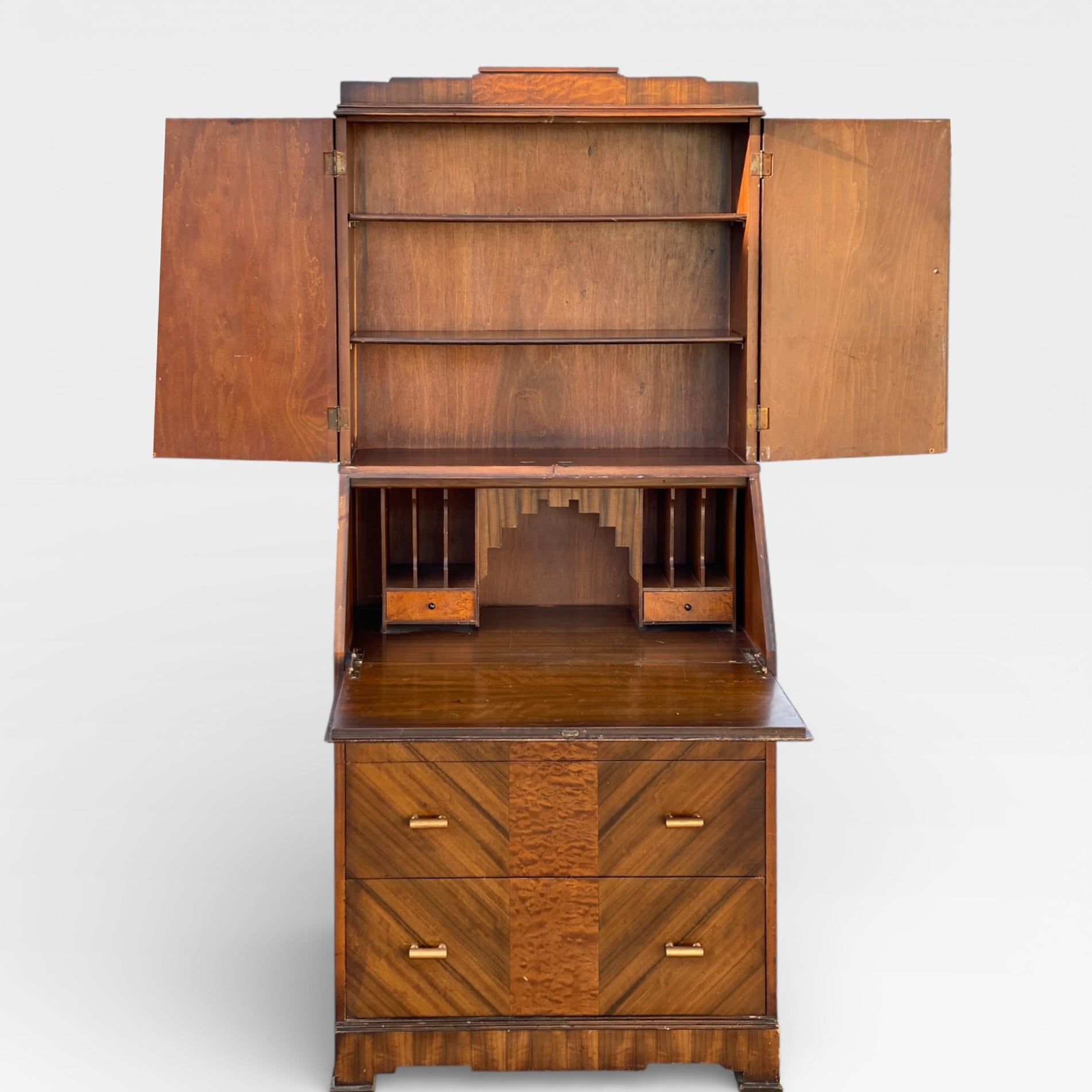 Art Deco Secretary Desk with Drop-Front Writing Surface and Chevron Veneer, 1930s — view 6 of 22