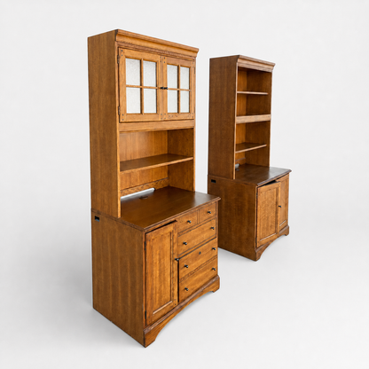 Cottage-Style Oak Hutch Cabinets, Pair