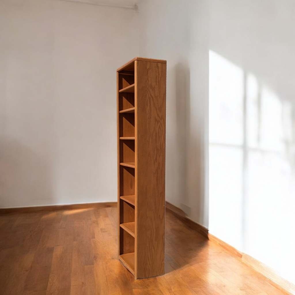 Vintage Oak Bookcase, Solid Wood, Mid Century, MCM, Slim, Six Shelves, Freestanding, Living Room