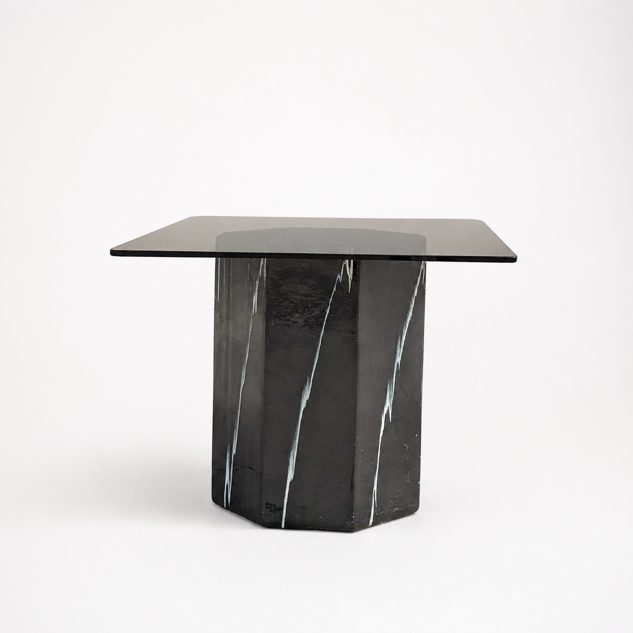 Vintage Side Table, Square Glass Top, Postmodern, Pedestal, Ceramic, Faux Marble, 80s, mid century