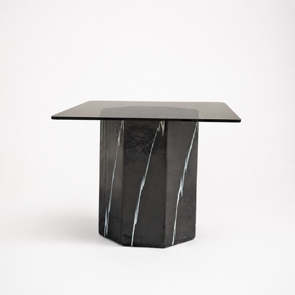 Vintage Side Table, Square Glass Top, Postmodern, Pedestal, Ceramic, Faux Marble, 80s, mid century