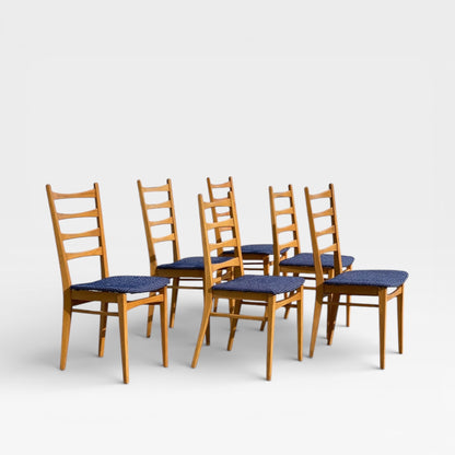 Set of Six Mid-Century Modern Ladderback Dining Chairs with New Upholstery