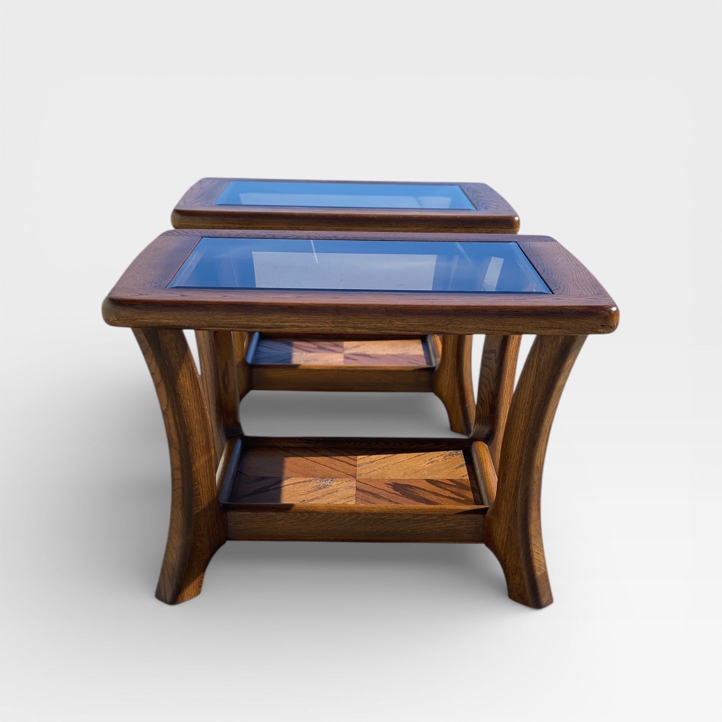 Oak Side Tables with Smoked Glass Tops, c. 1970s–80s