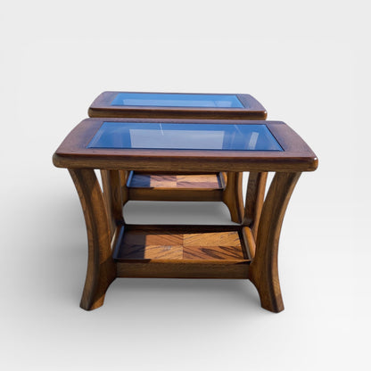 Oak Side Tables with Smoked Glass Tops, c. 1970s–80s