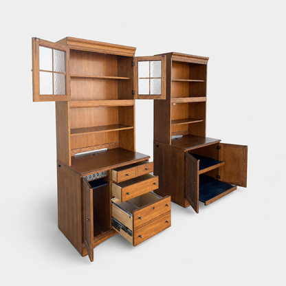 Cottage-Style Oak Hutch Cabinets, Pair