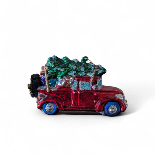 Vintage Glass Santa Truck Ornament with Christmas Tree, Hand-Painted Holiday Car Ornament, Made in China, Gift