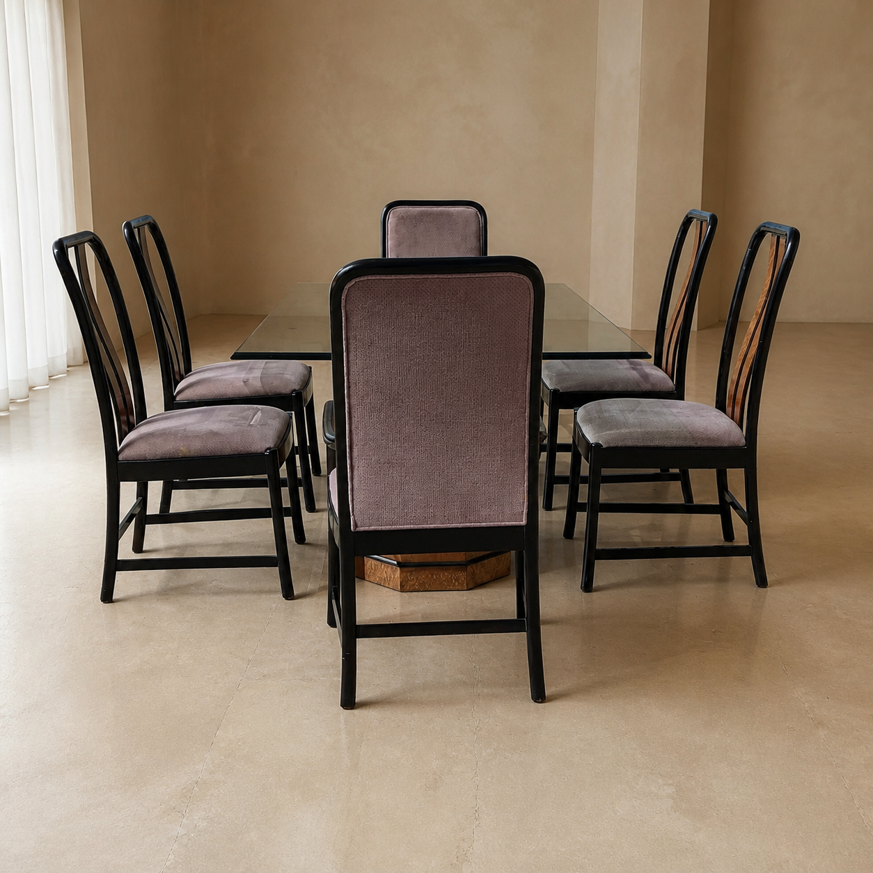 Postmodern Bernhardt Glass Dining Table & Chairs | 80s | Birdseye Maple Pedestal Bases | Unique | Mid Century | Six Chairs — view 7 of 9