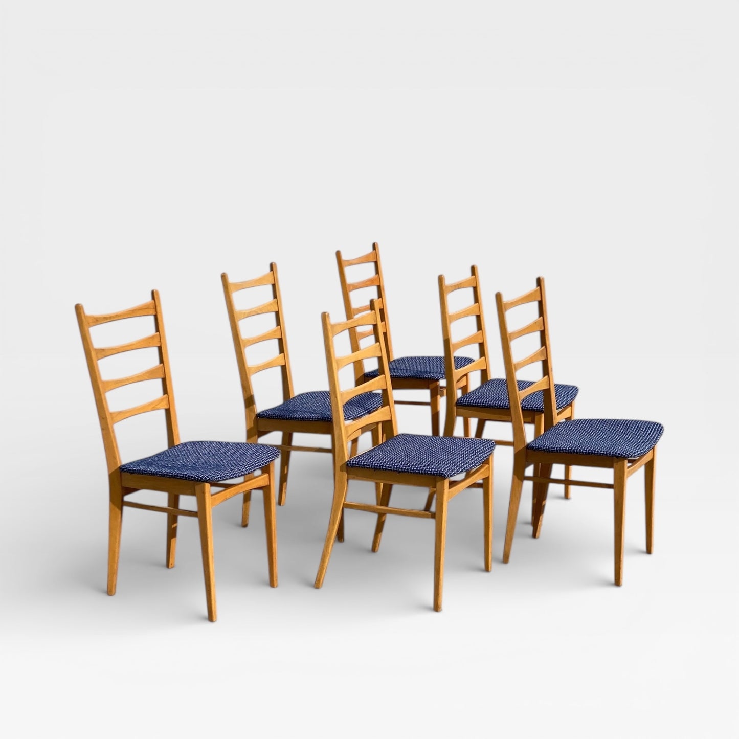 Set of Six Mid-Century Modern Ladderback Dining Chairs with New Upholstery