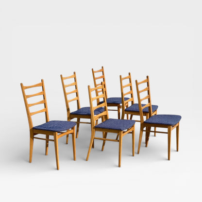 Set of Six Mid-Century Modern Ladderback Dining Chairs with New Upholstery