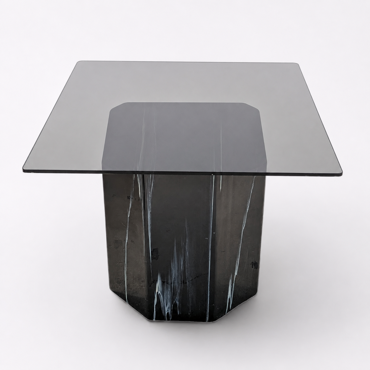 Vintage Side Table, Square Glass Top, Postmodern, Pedestal, Ceramic, Faux Marble, 80s, mid century — view 7 of 17