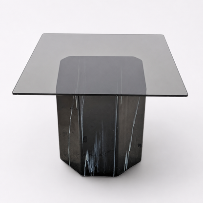 Vintage Side Table, Square Glass Top, Postmodern, Pedestal, Ceramic, Faux Marble, 80s, mid century