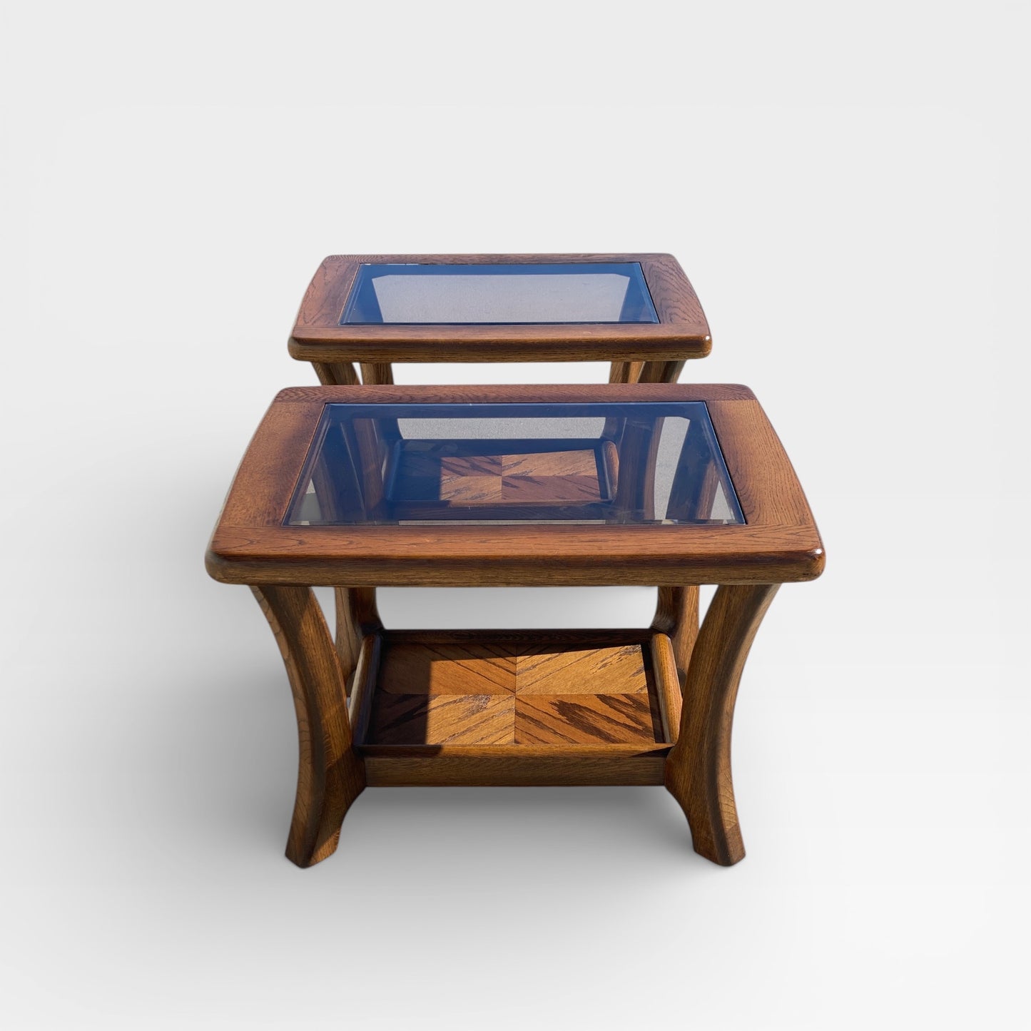 Oak Side Tables with Smoked Glass Tops, c. 1970s–80s