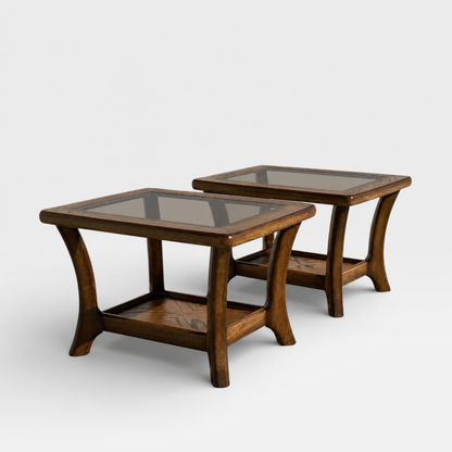 Oak Side Tables with Smoked Glass Tops, c. 1970s–80s