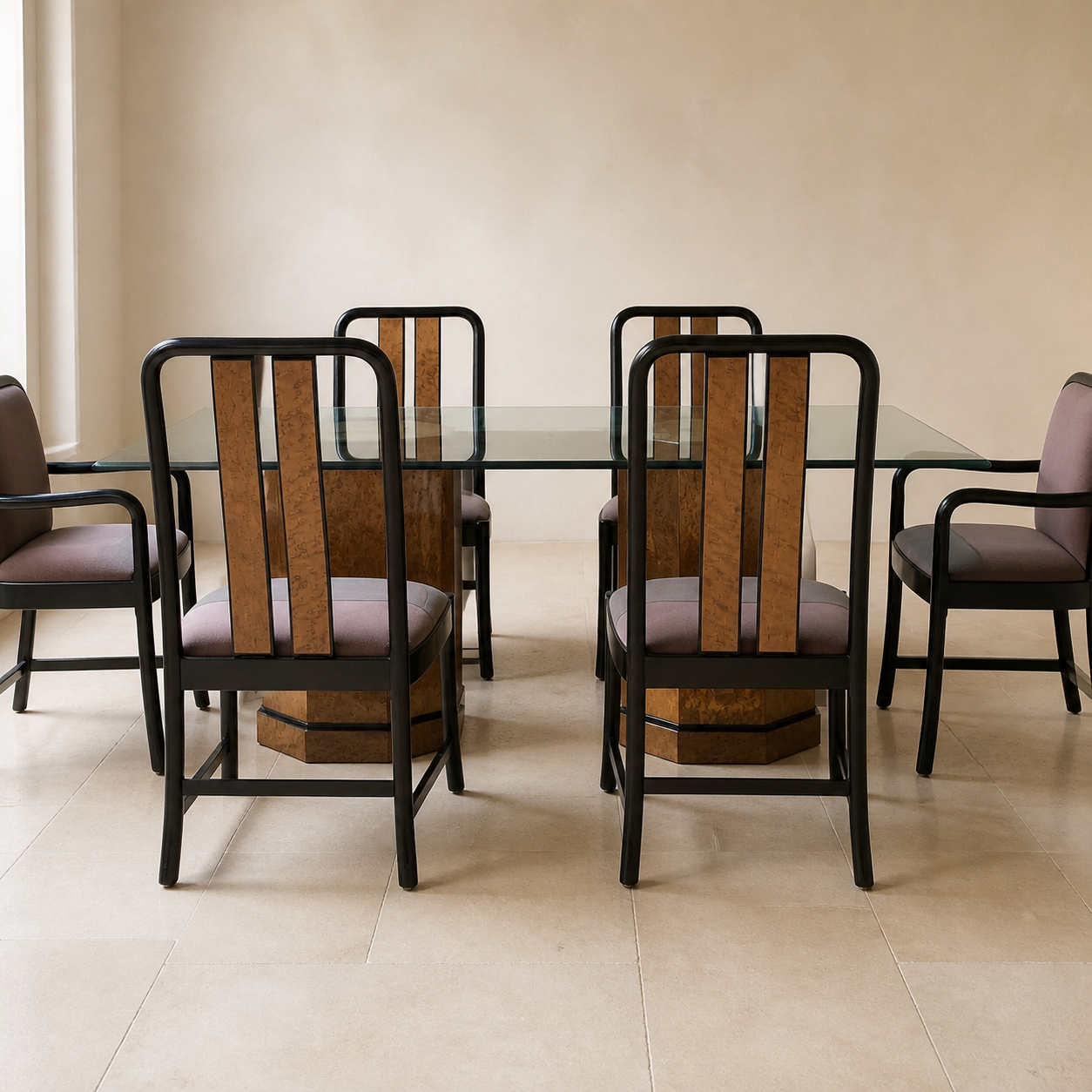 Postmodern Bernhardt Glass Dining Table & Chairs | 80s | Birdseye Maple Pedestal Bases | Unique | Mid Century | Six Chairs — view 8 of 9