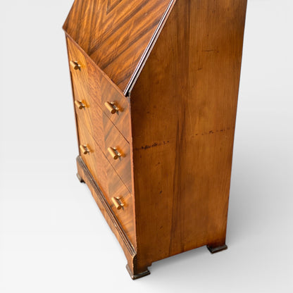 Art Deco Secretary Desk with Drop-Front Writing Surface and Chevron Veneer, 1930s