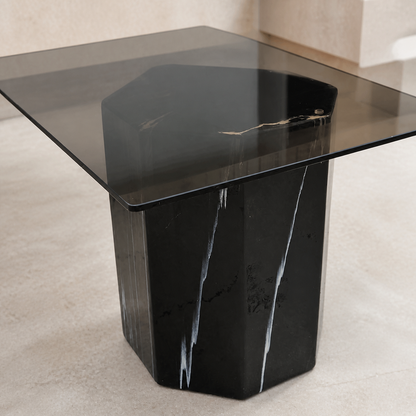 Vintage Side Table, Square Glass Top, Postmodern, Pedestal, Ceramic, Faux Marble, 80s, mid century