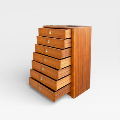 Mid-Century Modern D-Scan Captain Line Tallboy Dresser in Teak with Brass Pulls