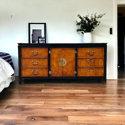 Stanley Furniture Chinoiserie Burl Wood Nine-Drawer Dresser or Credenza