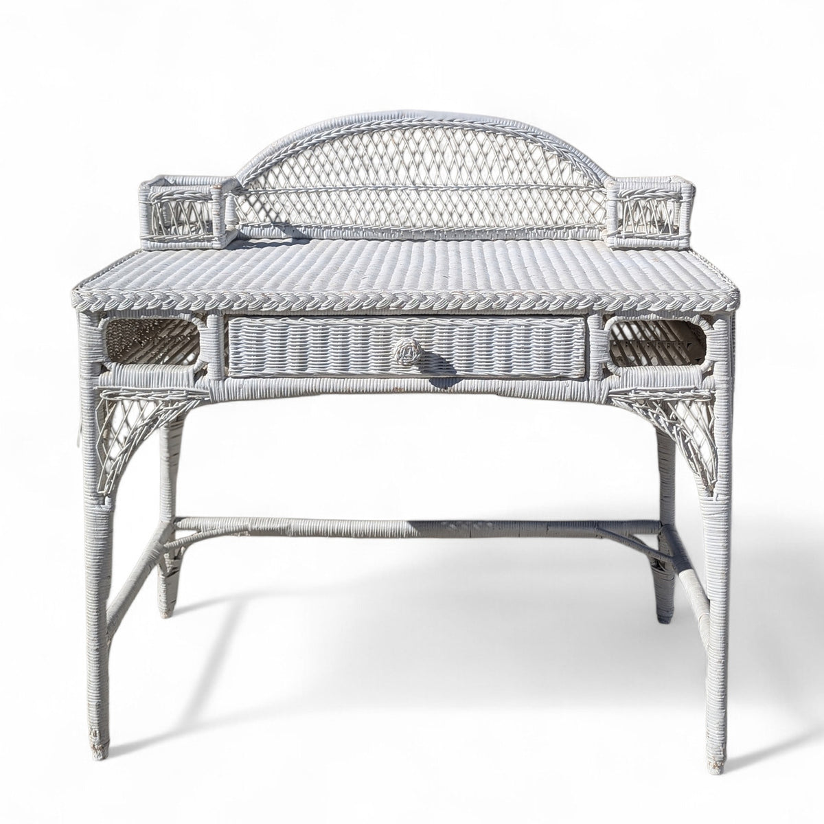 Late 20th-Century White Wicker Writing Desk and Chair Set