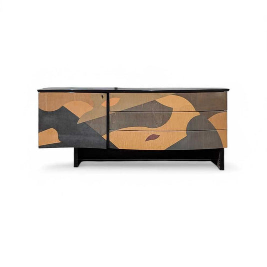 Italian Postmodern Sideboard by Carlo Malnati • Sculptural Curved Cabinet with Inlaid Wood Marquetry Fronts