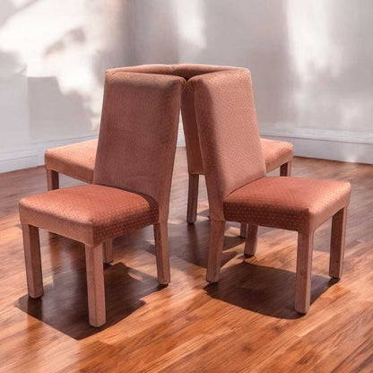 Set of 4 Postmodern Dining Chairs – 1980s Salmon Pink Velvet Upholstery, High Back Chairs, Vintage Modern Design, Sculptural Seating