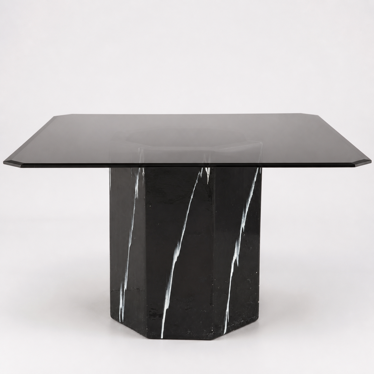 Vintage Side Table, Square Glass Top, Postmodern, Pedestal, Ceramic, Faux Marble, 80s, mid century — view 9 of 17