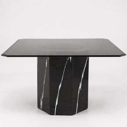 Vintage Side Table, Square Glass Top, Postmodern, Pedestal, Ceramic, Faux Marble, 80s, mid century