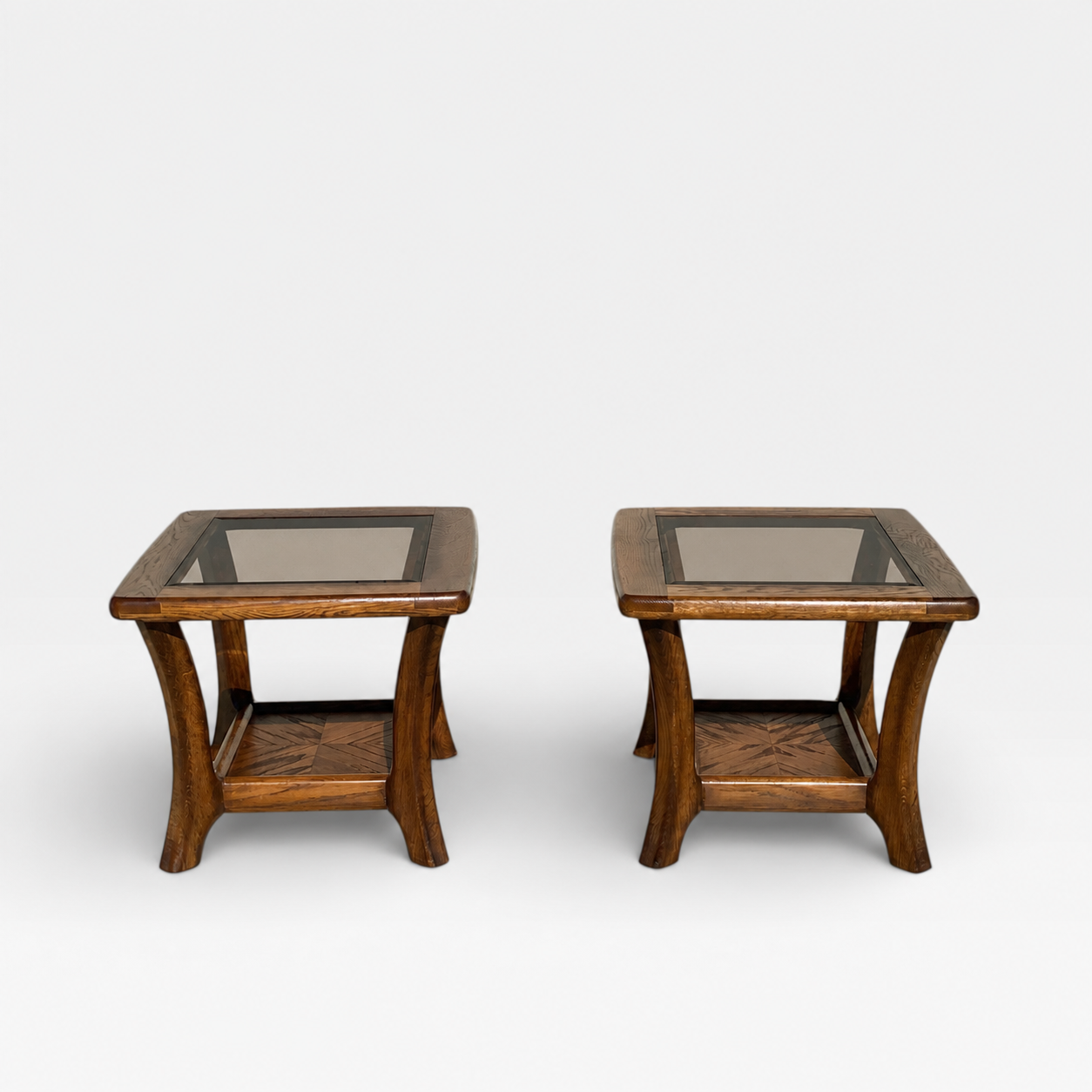 Oak Side Tables with Smoked Glass Tops, c. 1970s–80s — view 9 of 21