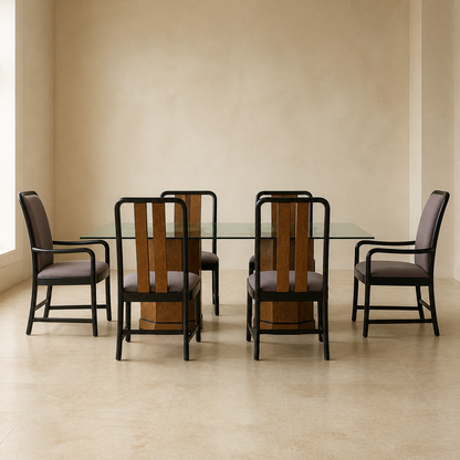 Postmodern Bernhardt Glass Dining Table & Chairs | 80s | Birdseye Maple Pedestal Bases | Unique | Mid Century | Six Chairs
