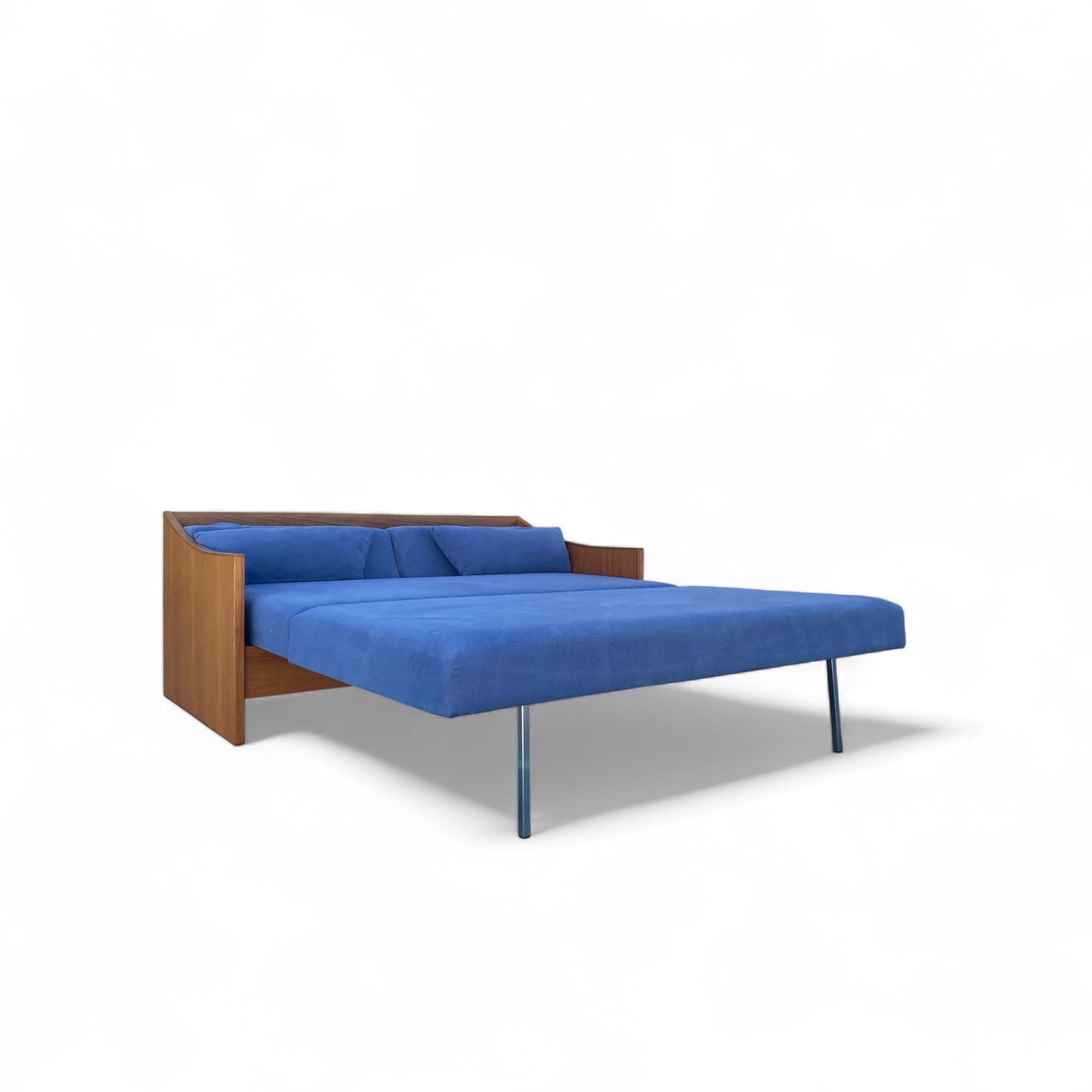 Mid-Century Canadian Teak Pull-Out Sofa Bed in Blue Upholstery, 1970s Modern Convertible Sleeper