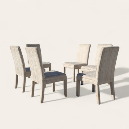 Set of 6 Postmodern 1980s Dining Chairs – Cream Textured Fabric w/ Subtle Color Flecks, Sculptural Silhouette