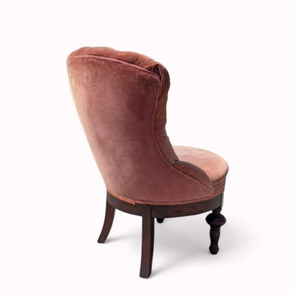 Victorian Style Tufted Slipper Chair – Pink Velvet Upholstery, Carved Wood Base, Antique Accent Chair