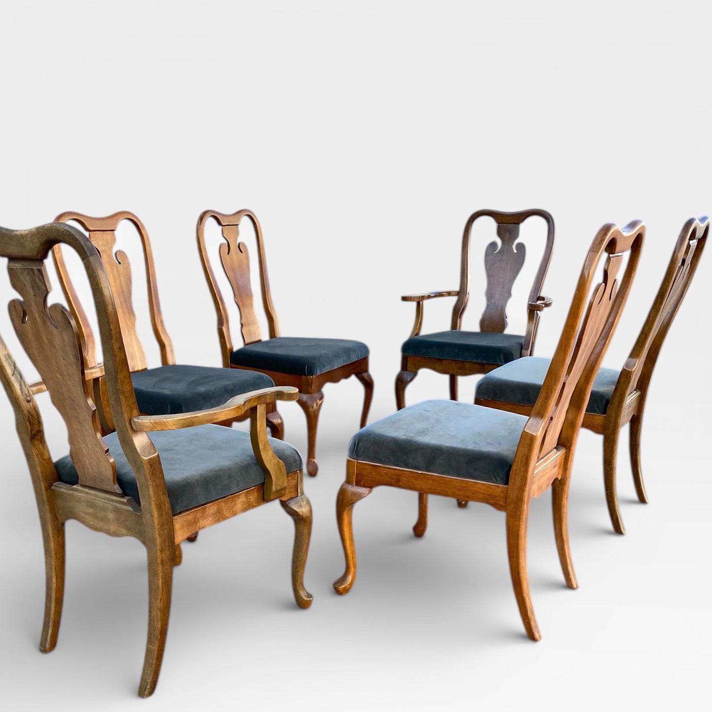 Set of Six Antique Queen Anne Walnut Dining Chairs with Slate-Blue Upholstery