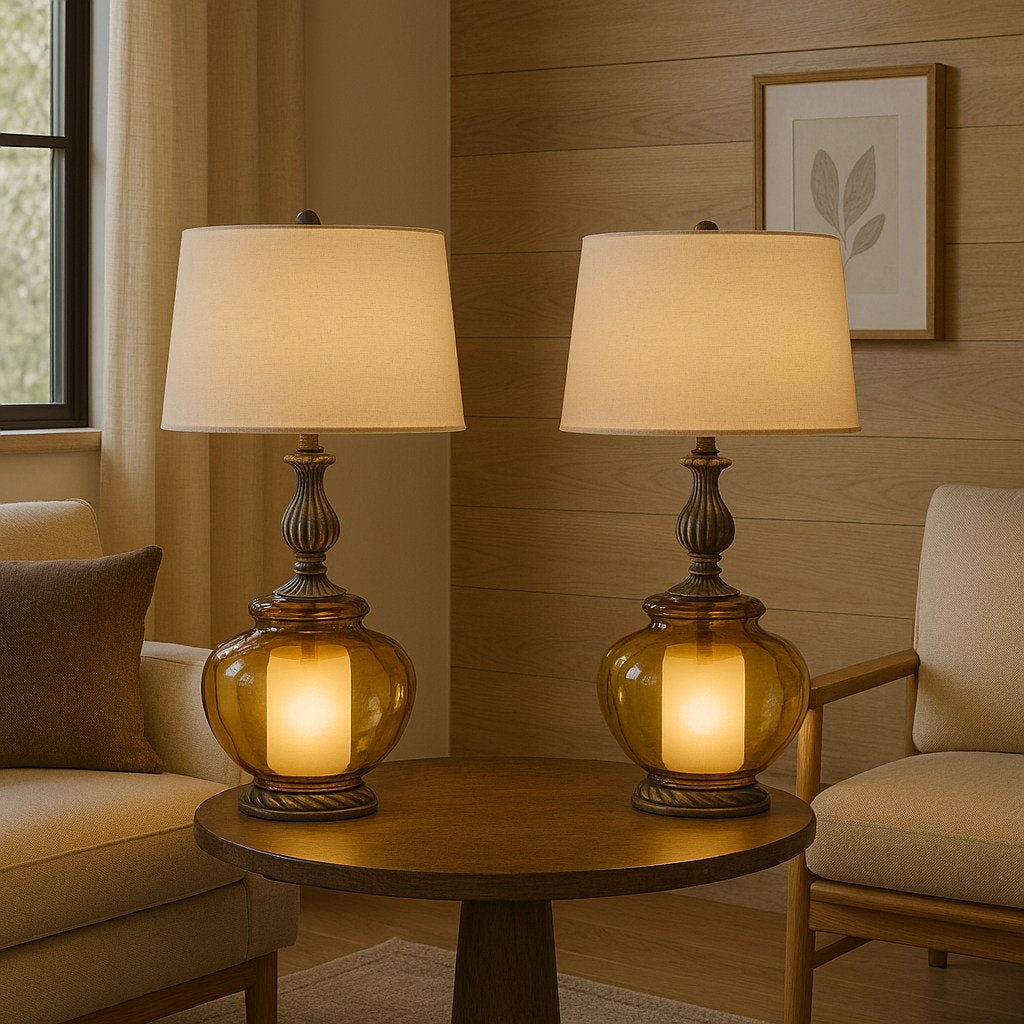 Pair of Vintage Amber Glass Table Lamps with Brass Accents | Hollywood Regency Mid-Century Lighting