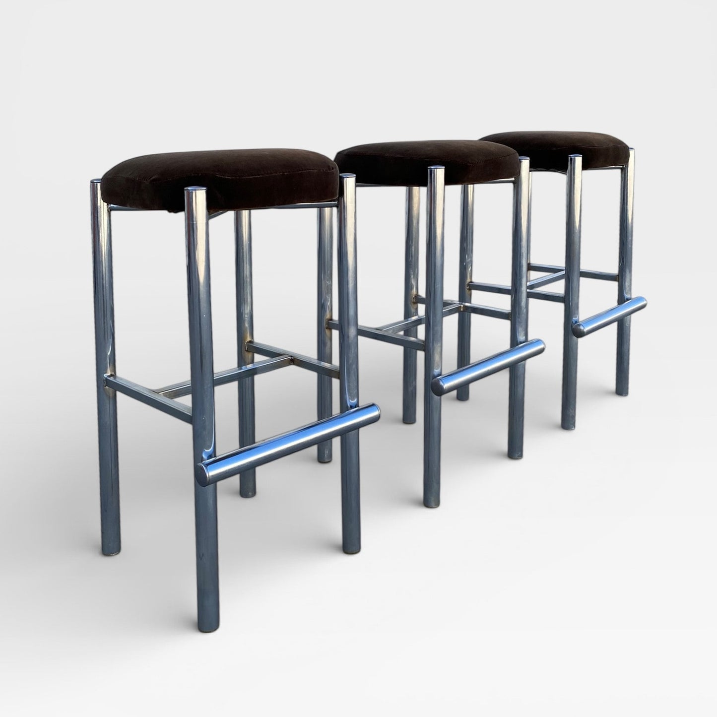 Chrome Bar Stools Set of 3 with Chocolate Velvet Seats