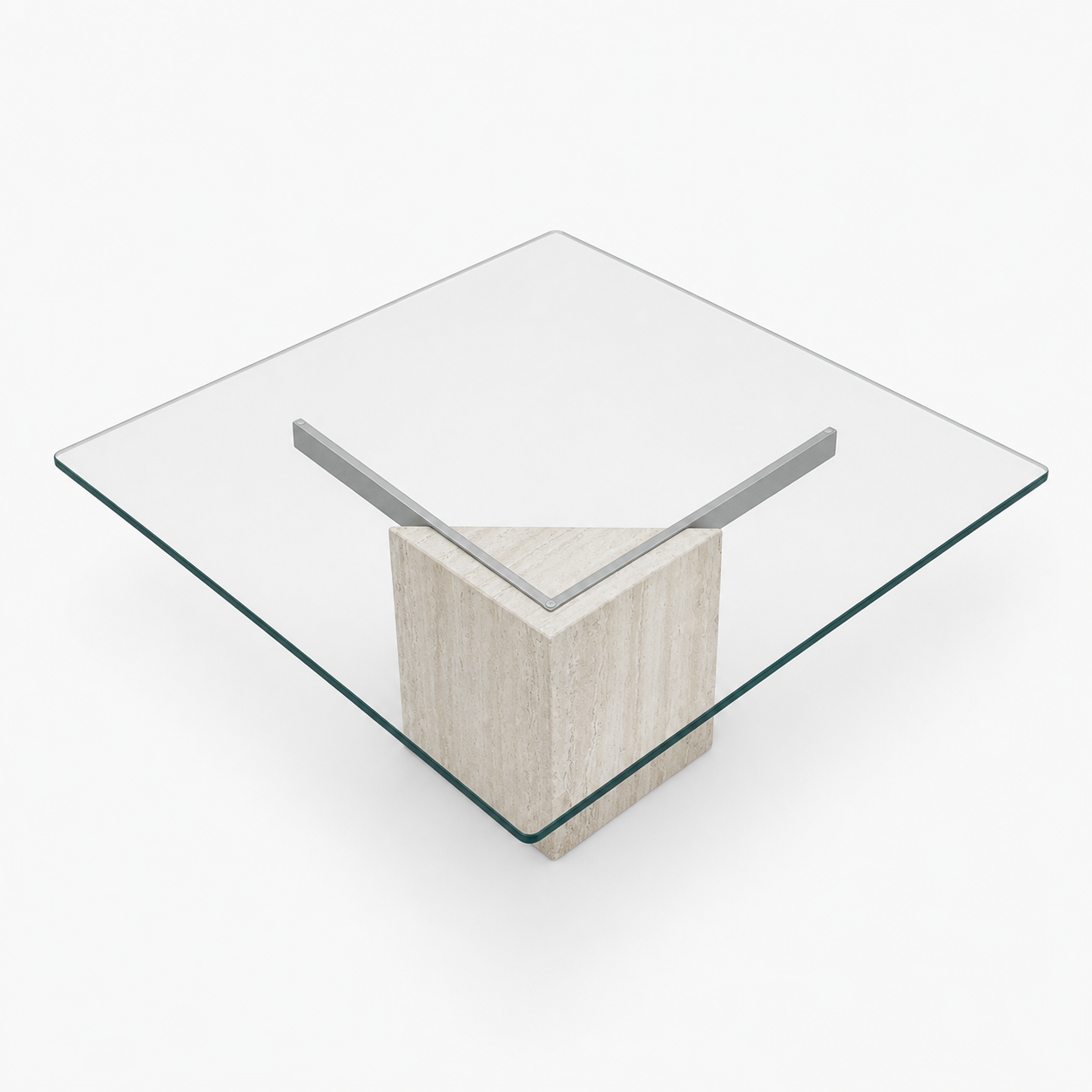 Postmodern Square Glass Coffee Table – Travertine Base, Silver Cross Bars, 1980s Sculptural Minimalist — view 10 of 16