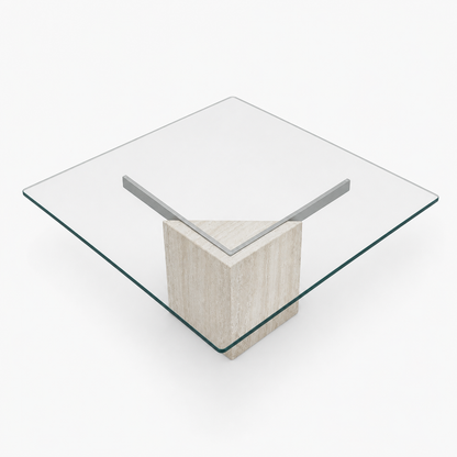 Postmodern Square Glass Coffee Table – Travertine Base, Silver Cross Bars, 1980s Sculptural Minimalist