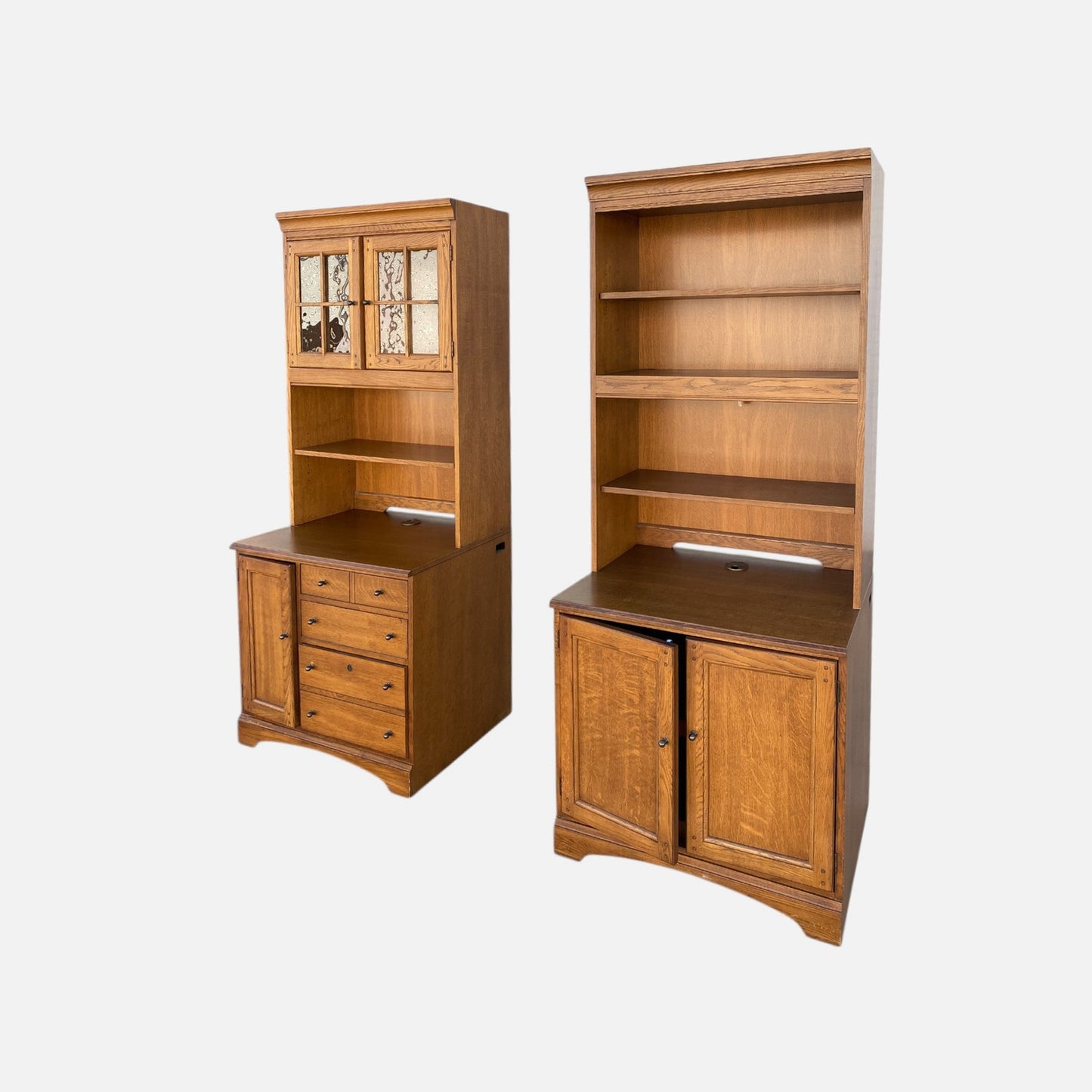 Cottage-Style Oak Hutch Cabinets, Pair