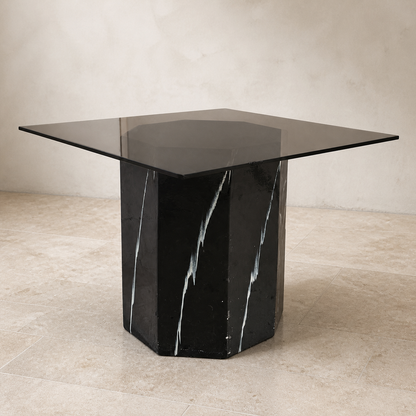 Vintage Side Table, Square Glass Top, Postmodern, Pedestal, Ceramic, Faux Marble, 80s, mid century