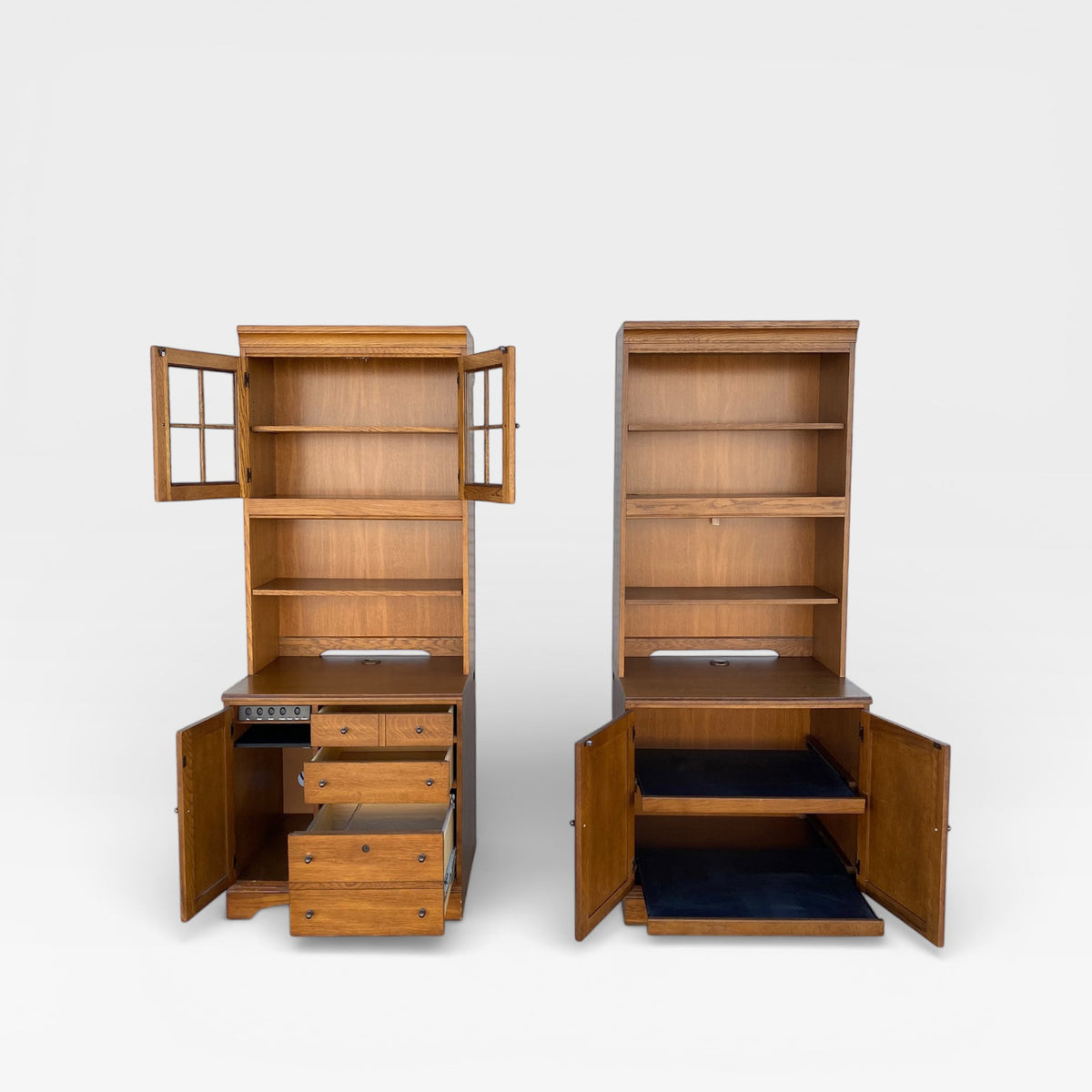 Cottage-Style Oak Hutch Cabinets, Pair
