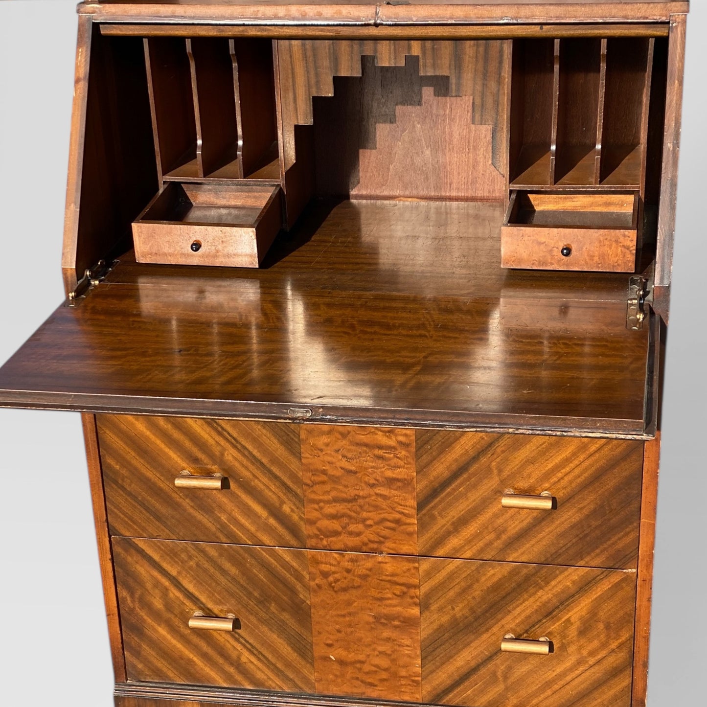 Art Deco Secretary Desk with Drop-Front Writing Surface and Chevron Veneer, 1930s