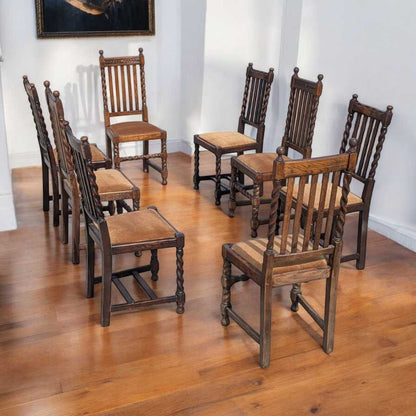Eight Antique Dining Chairs – Vintage Wooden Chairs, Set of 8, Oak, Barley Twist, Rustic, Farmhouse, Traditional, Dining, Kitchen