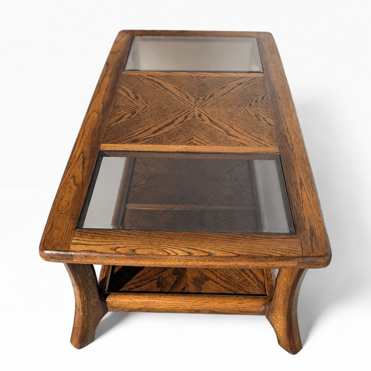 Vintage Oak Coffee Table Smoked Glass Insets