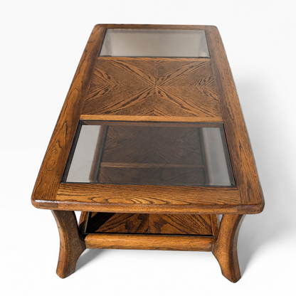 Vintage Oak Coffee Table Smoked Glass Insets