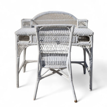 Late 20th-Century White Wicker Writing Desk and Chair Set