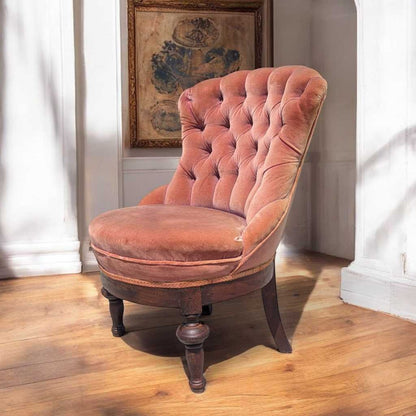 Victorian Style Tufted Slipper Chair – Pink Velvet Upholstery, Carved Wood Base, Antique Accent Chair