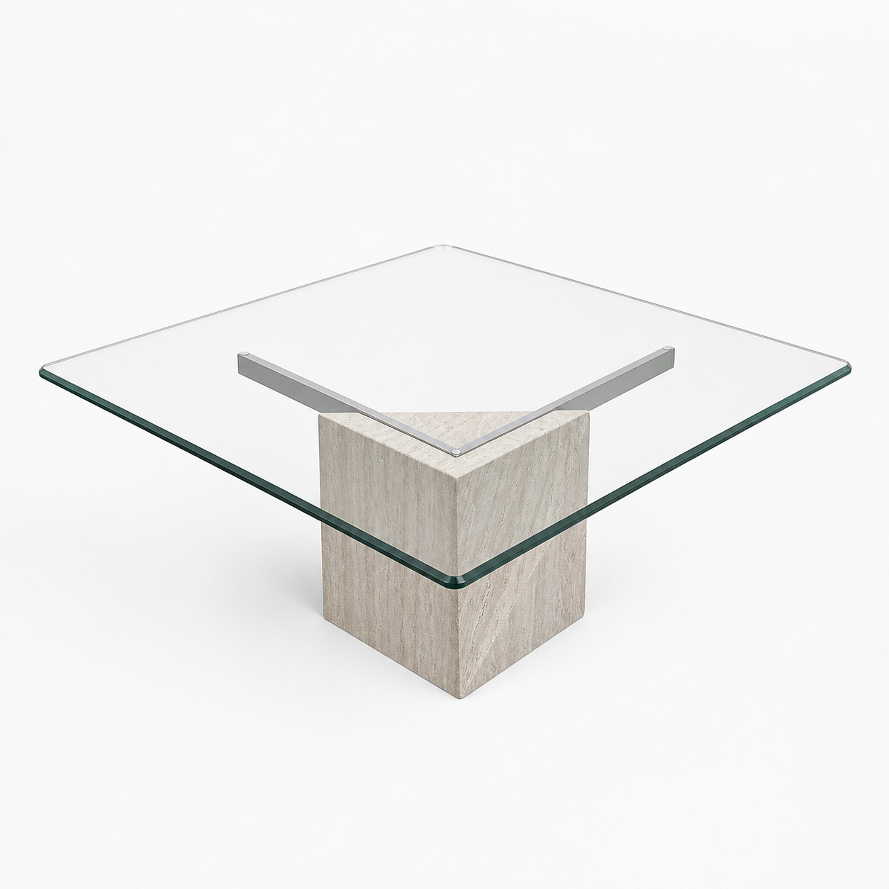 Postmodern Square Glass Coffee Table – Travertine Base, Silver Cross Bars, 1980s Sculptural Minimalist