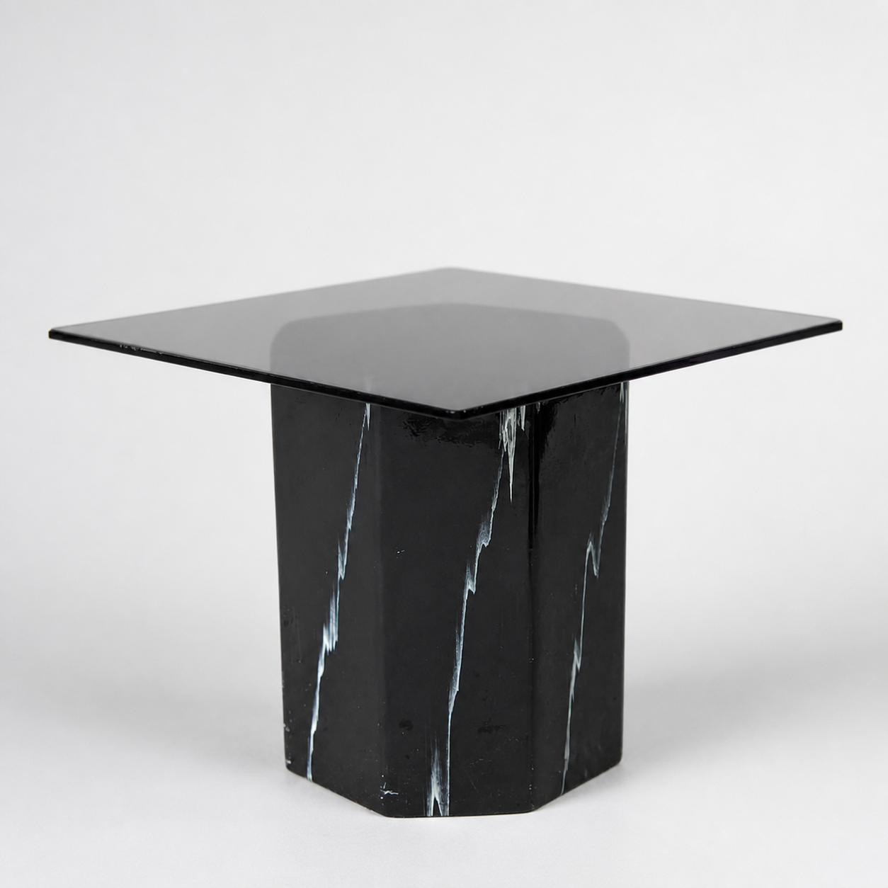 Vintage Side Table, Square Glass Top, Postmodern, Pedestal, Ceramic, Faux Marble, 80s, mid century — view 11 of 17